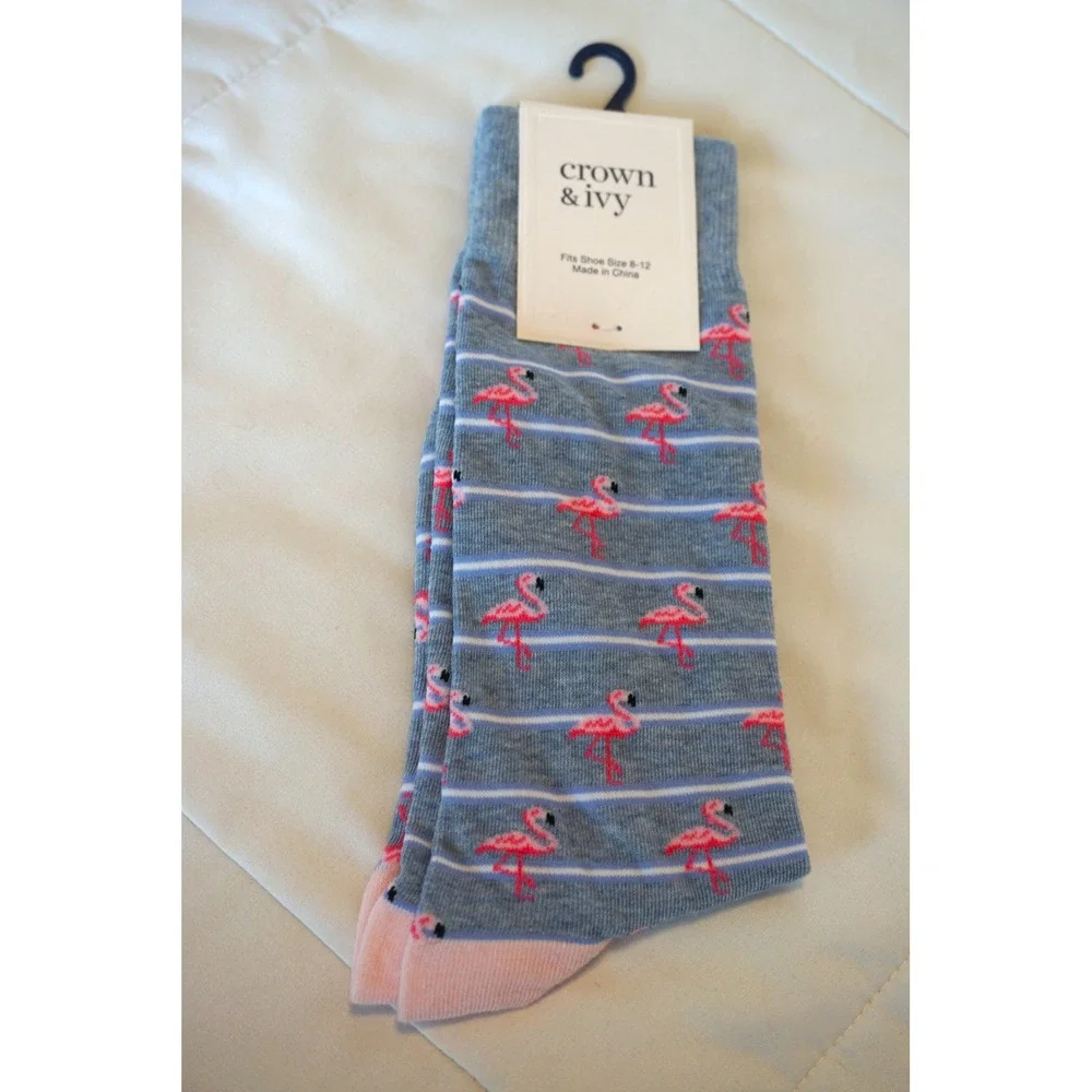 Crown & Ivy Womens Blue Striped Pink Flamingo Crew Socks Shoe Size 8-12 NWT